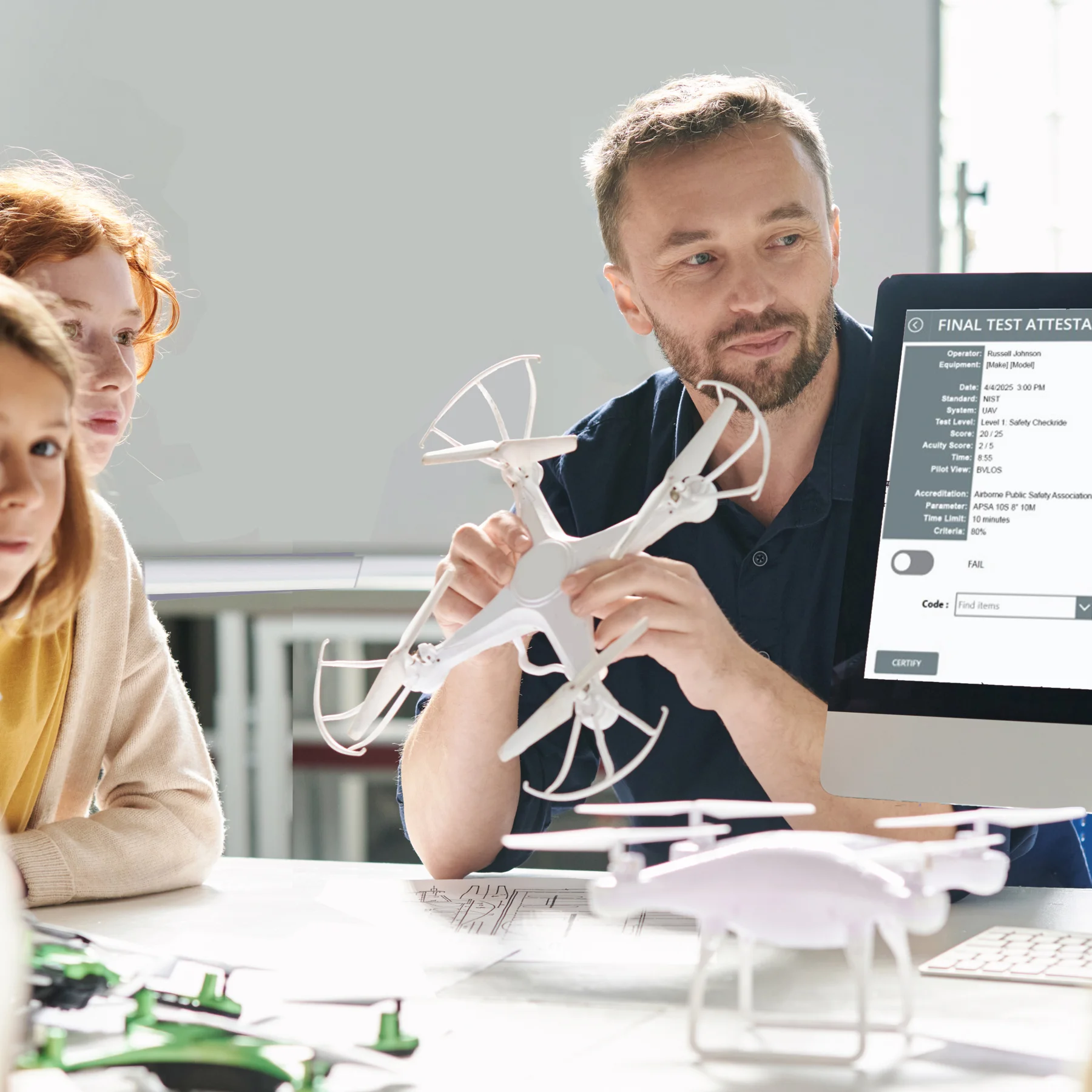 Instructor introducing a drone and digital test records to students